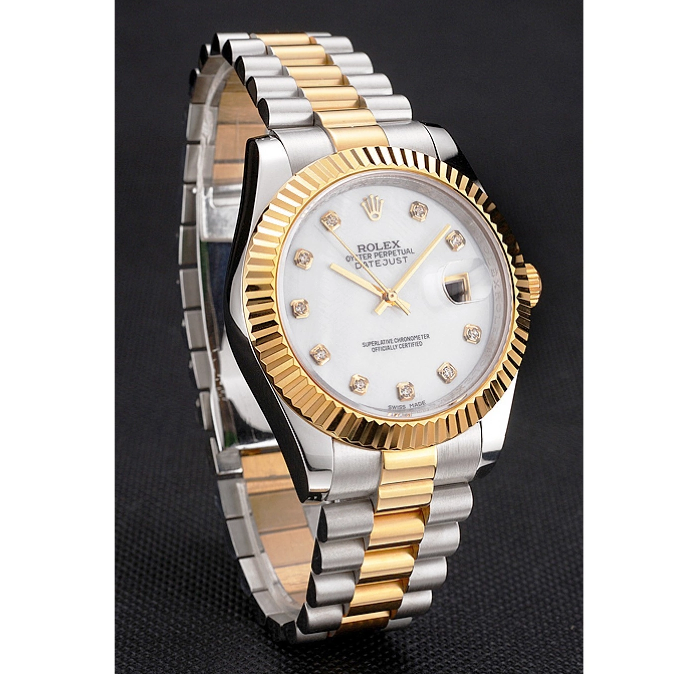Good copy rolex watches Swiss Bracelet Marks Diamond Stainless Hour White Two Dial Tone Case Rolex Bezel Datejust Steel Gold 0729